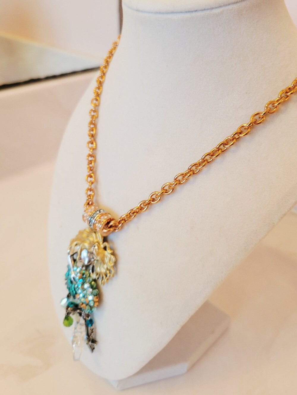 Kirks Folly Mermaid Pendant Necklace w Aqua and Green Accents & Gold-Tone Chain - Picture 4 of 12